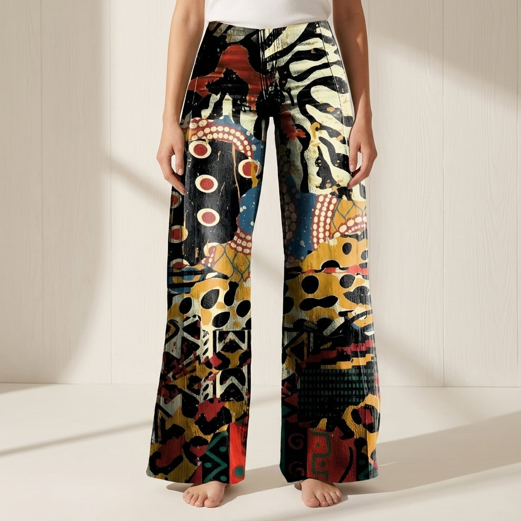 Women's Floral Leopard Print High-Waist Wide-Leg Jeans