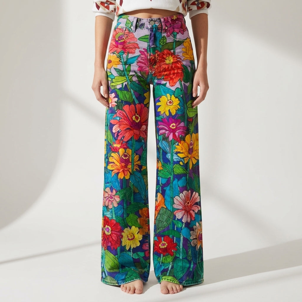 Women's Floral Leopard Print High-Waist Wide-Leg Jeans