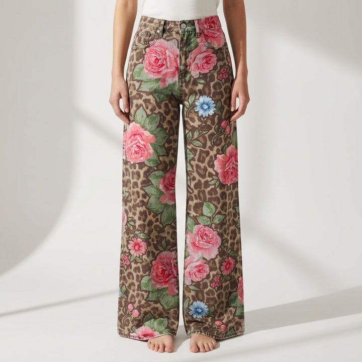 Women's Floral Leopard Print High-Waist Wide-Leg Jeans