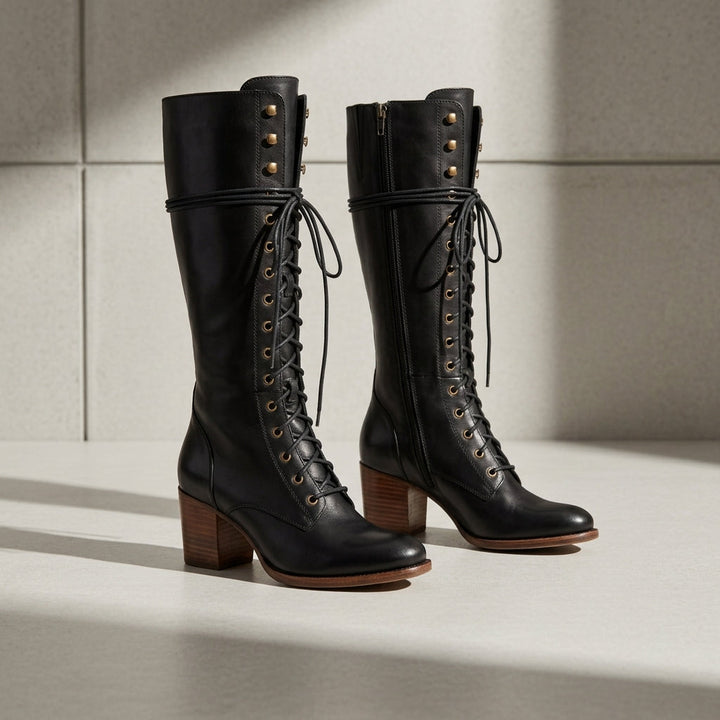 Women's Lace-Up Knee Boots with Block Heel