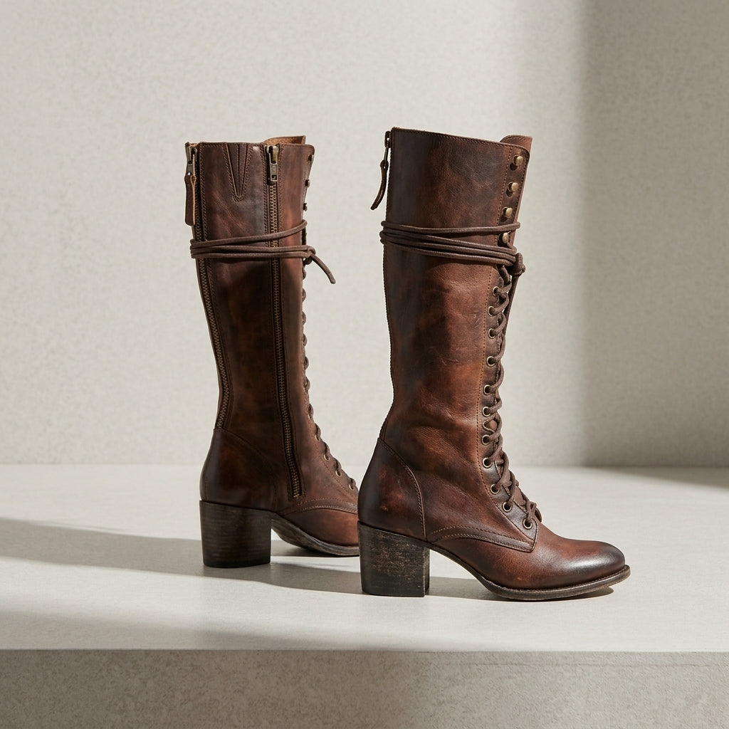 Women's Lace-Up Knee Boots with Block Heel