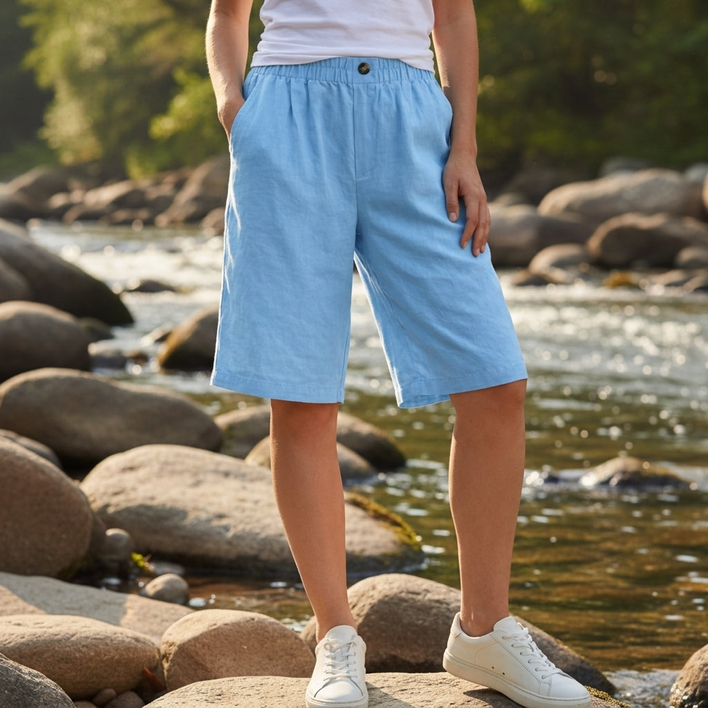 Men's Elastic Waist Bermuda Shorts with Side Pockets