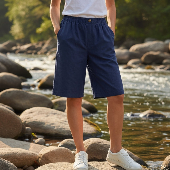 Men's Elastic Waist Bermuda Shorts with Side Pockets