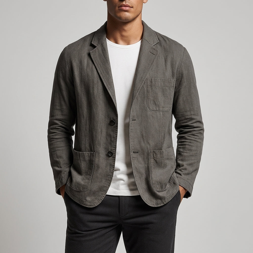 Men's Linen Blend Blazer with Patch Pockets