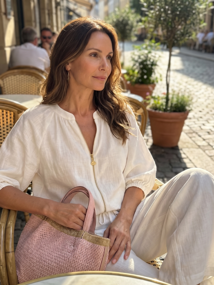 Women's Linen Zip-Neck Top and Wide-Leg Pants Set