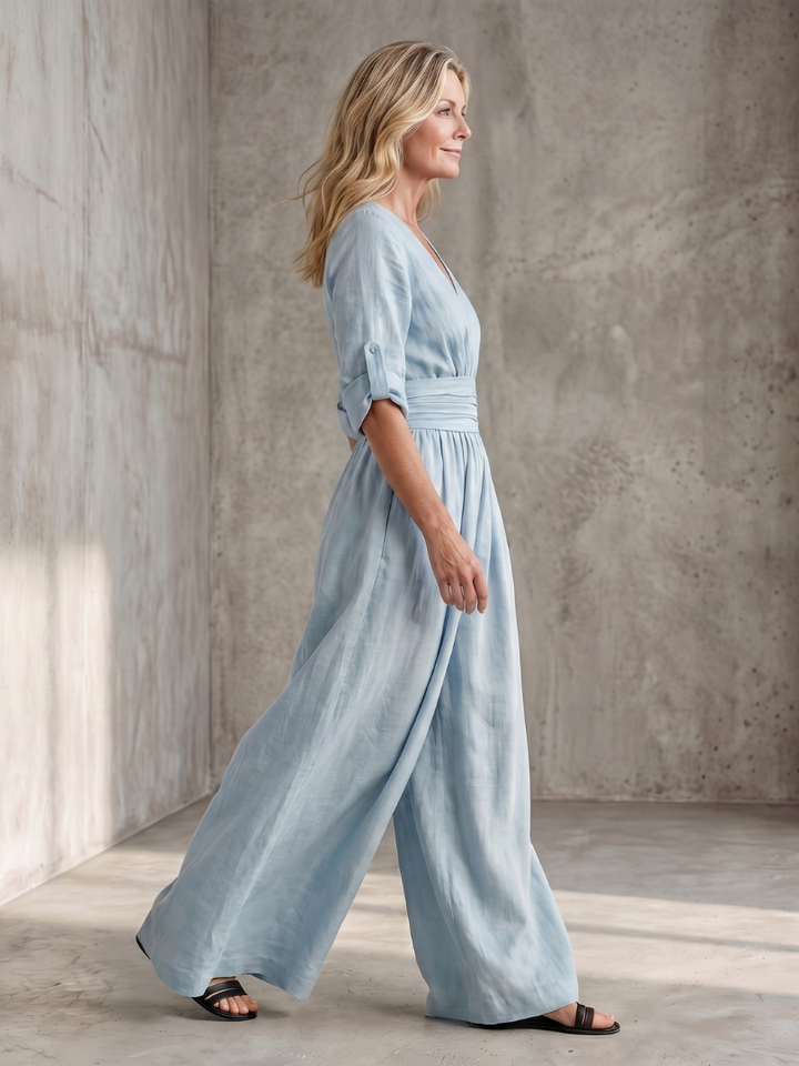 Women's Linen Wrap Jumpsuit with Wide-Leg Pants