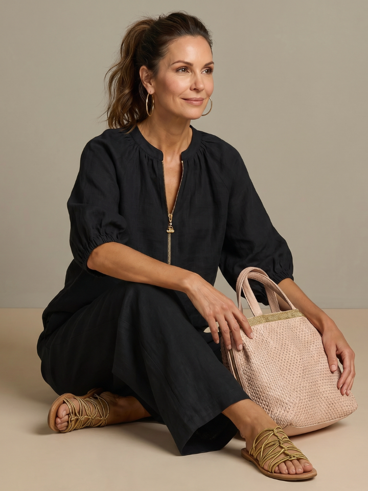 Women's Linen Zip-Neck Top and Wide-Leg Pants Set
