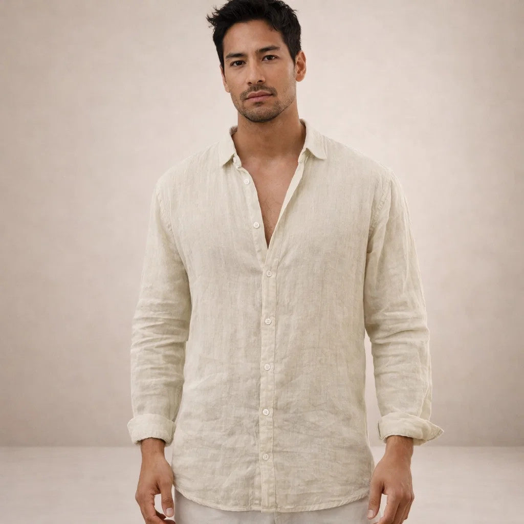 Men's Linen Button-Down Shirt with Spread Collar