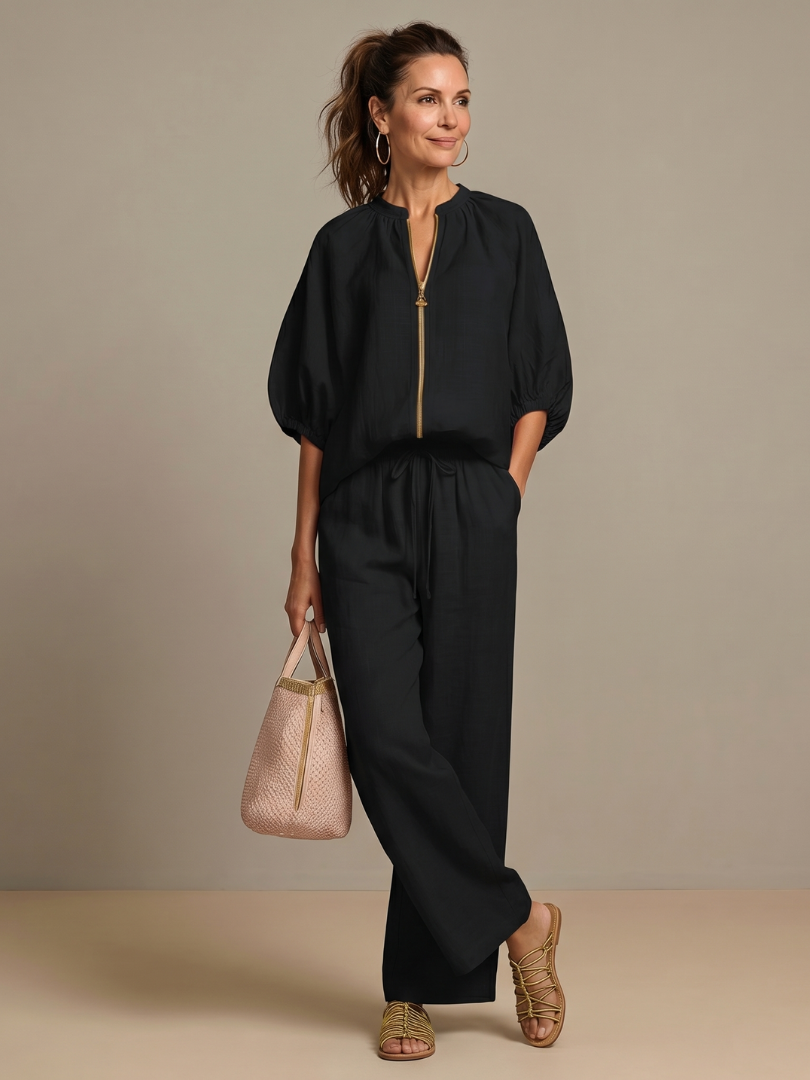 Women's Linen Zip-Neck Top and Wide-Leg Pants Set