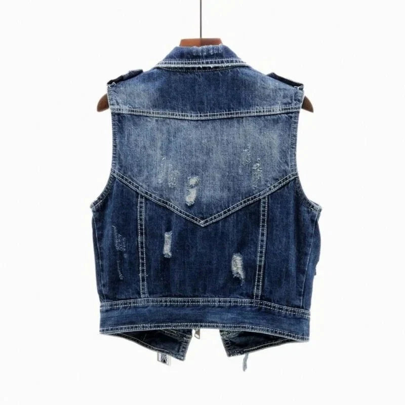 Women's Distressed Denim Moto Vest with Adjustable Waist Belt