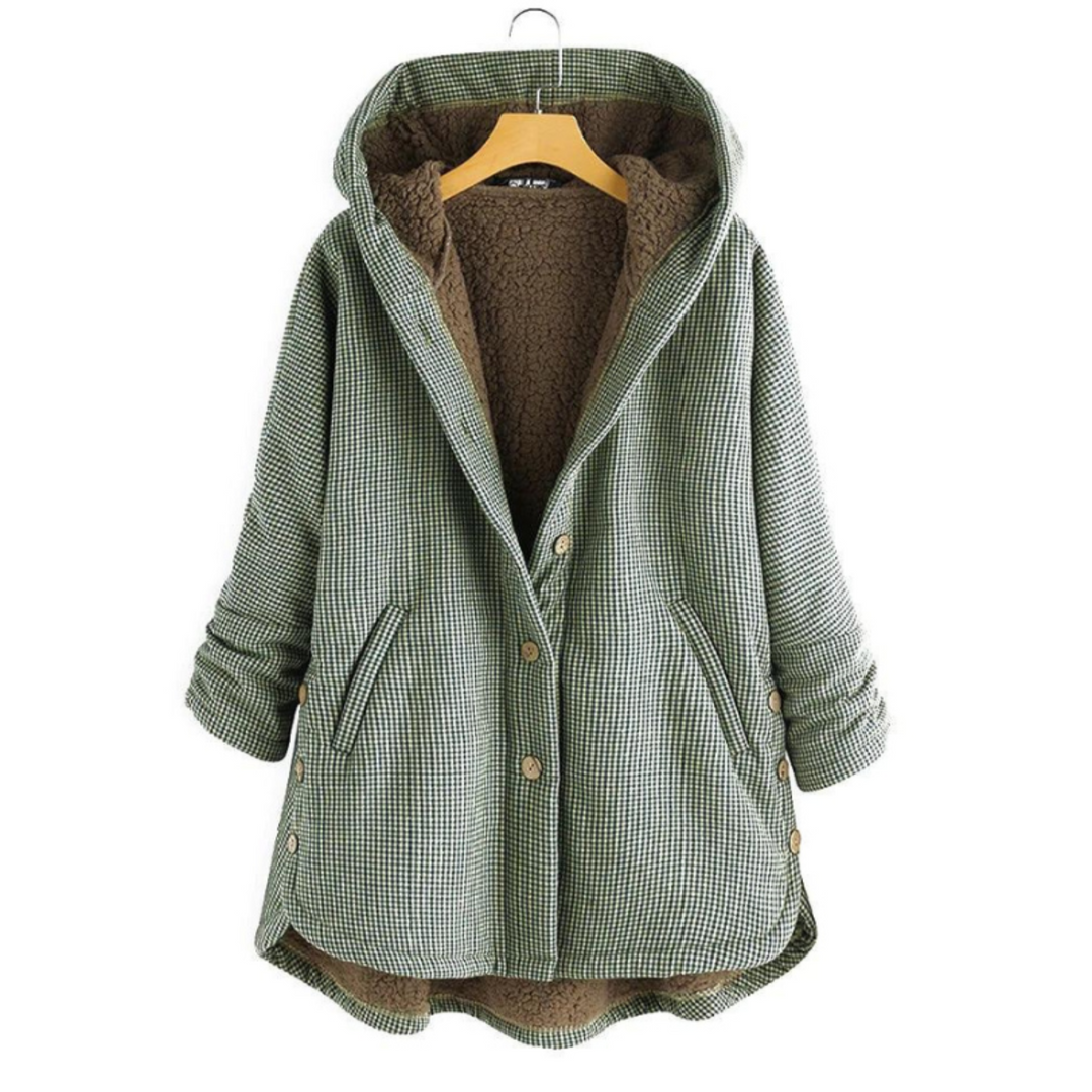 Women's Plaid Fleece Lined Hooded Jacket with Button Front