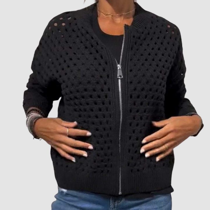 Women's Crochet Knit Zip-Up Cardigan in Relaxed Fit