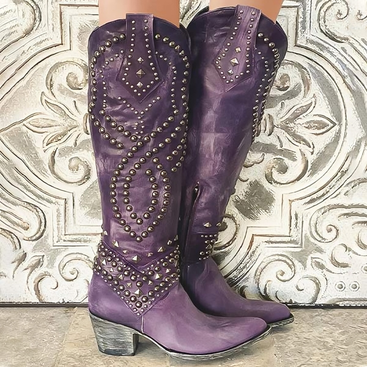 Women's Leather Studded Knee-High Cowgirl Boots