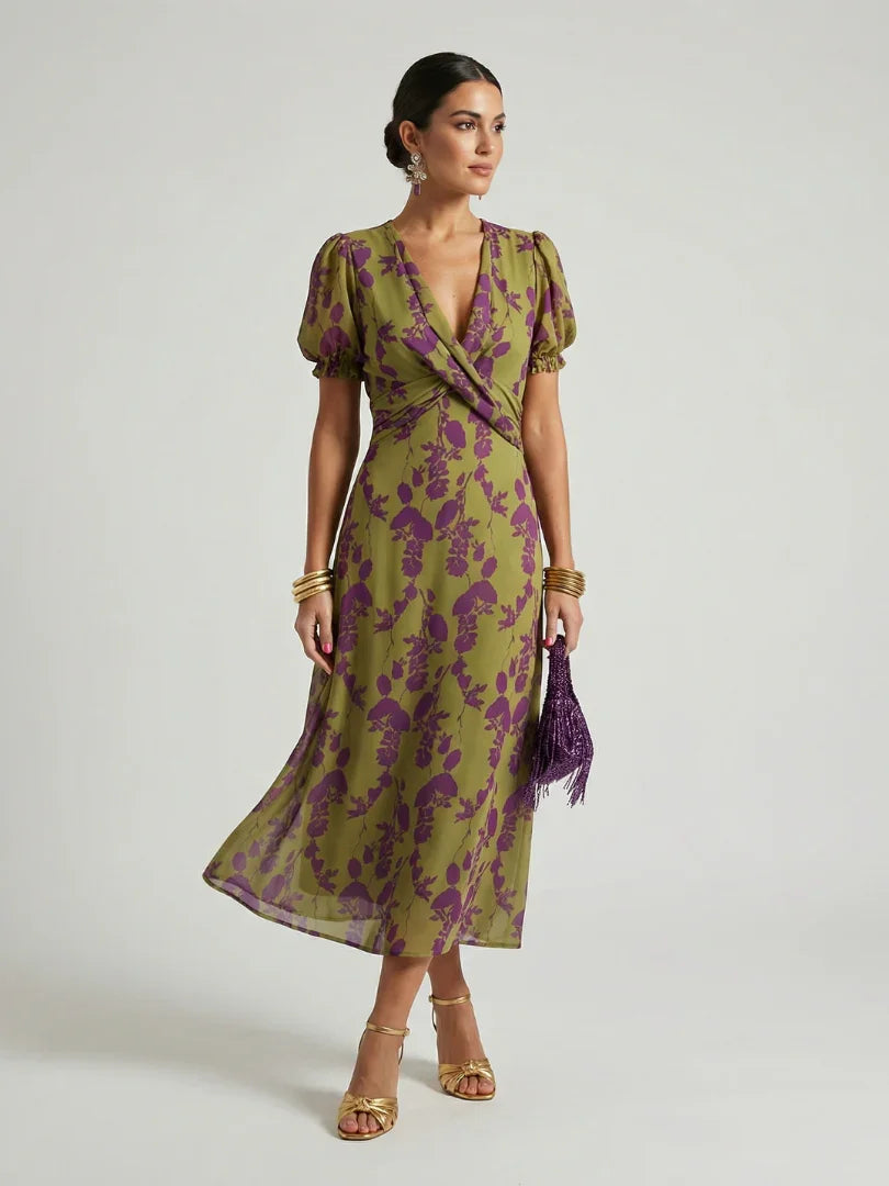 Women's Wrap-Front Puff-Sleeve Floral Midi Dress