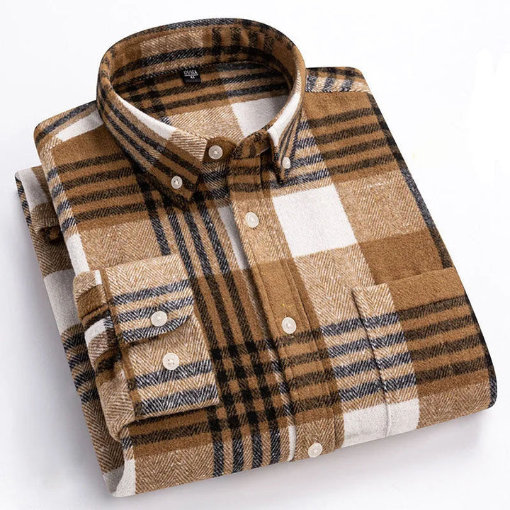 Men's Plaid Flannel Shirt with Button-Down Collar