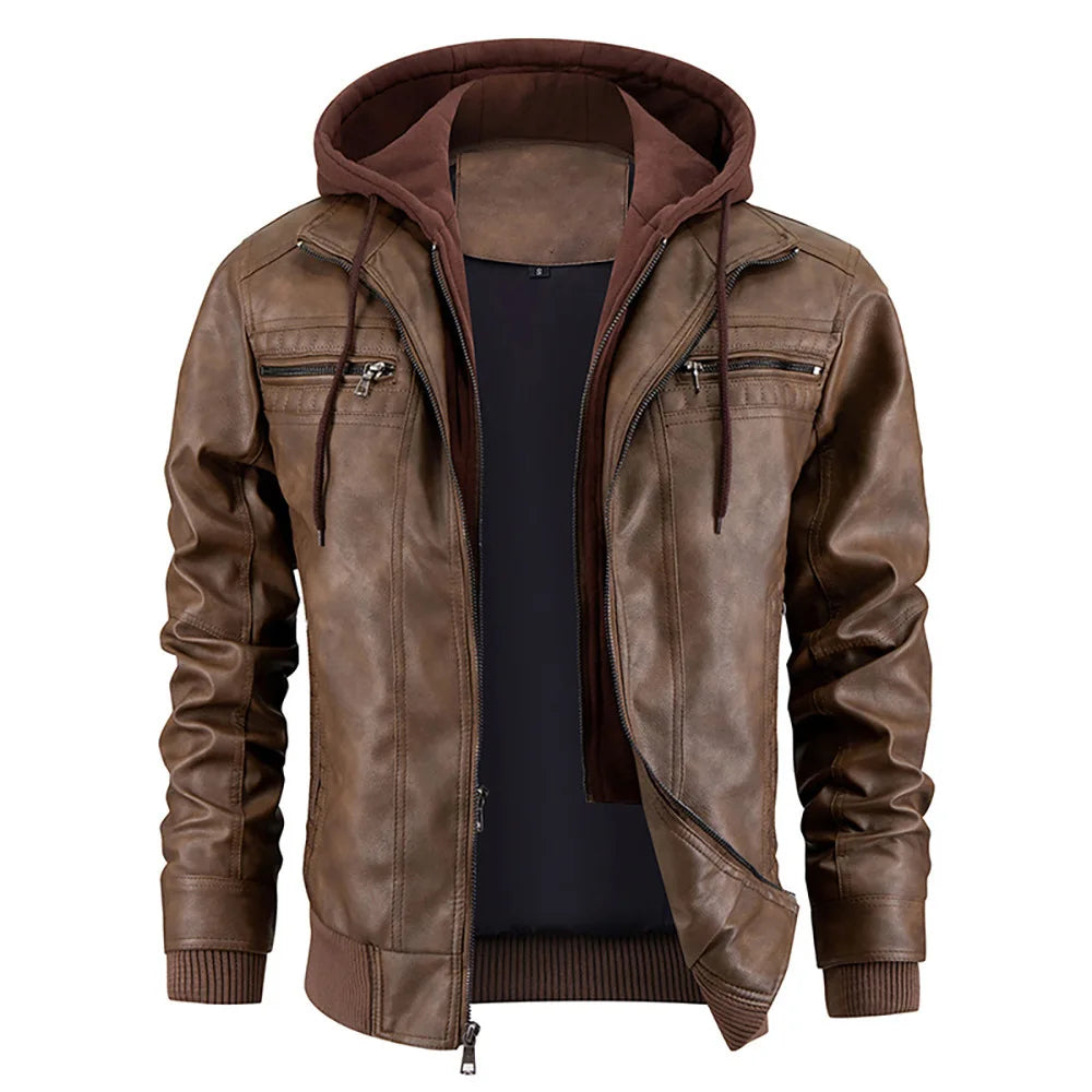 Men's Leather Hooded Moto Jacket with Zip Pockets