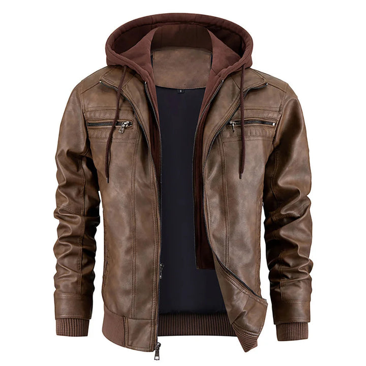 Men's Leather Hooded Moto Jacket with Zip Pockets