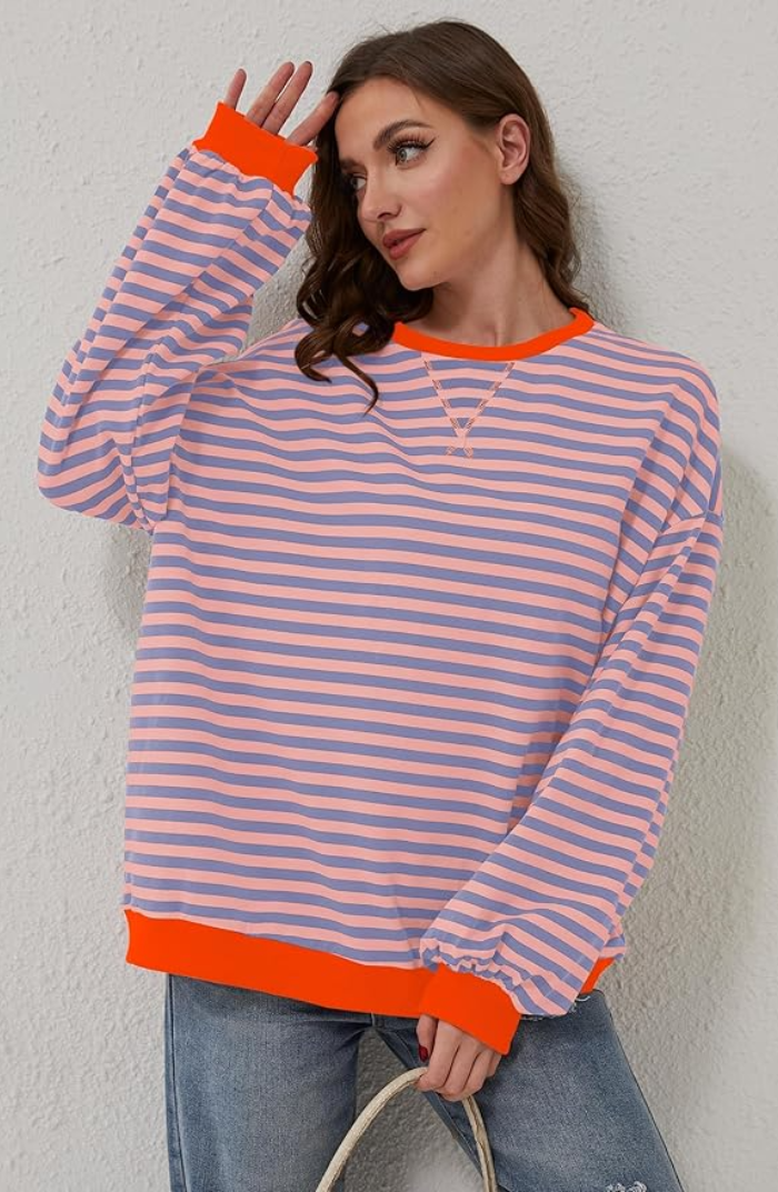 Women's Striped Crew Neck Sweater with Contrast Trim