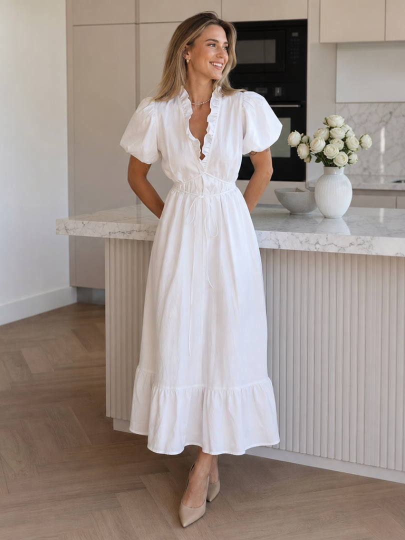 Women's Linen Puff-Sleeve Midi Dress with Ruffle V-Neck