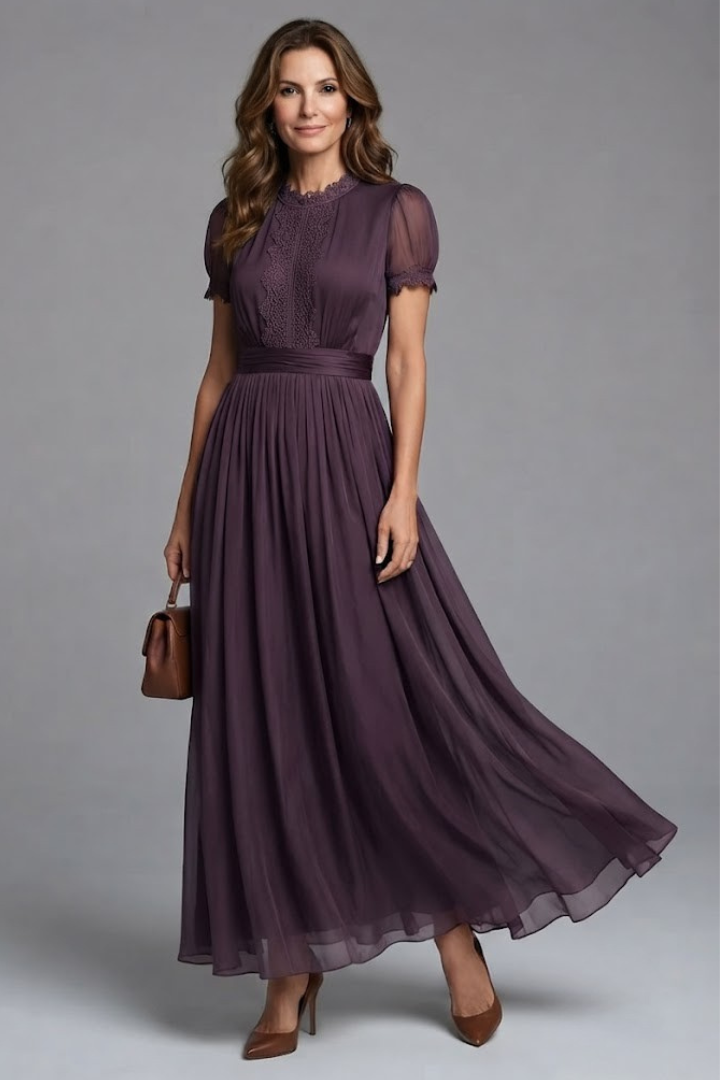 Women's Lace-Trim Pleated Formal Maxi Dress