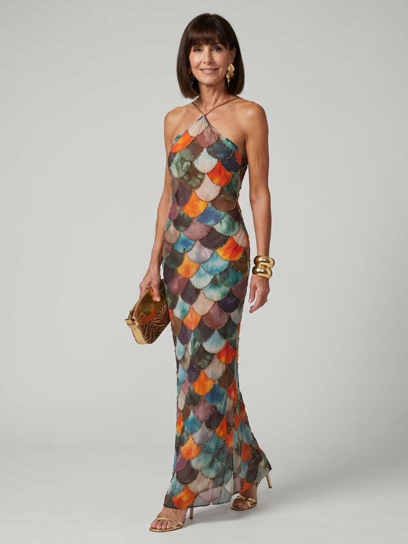 Women's Beaded Scallop Halter Maxi Dress