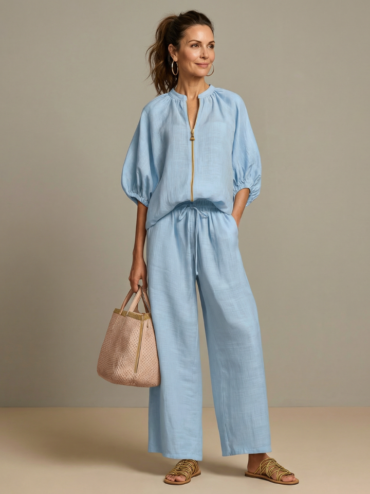 Women's Linen Zip-Neck Top and Wide-Leg Pants Set