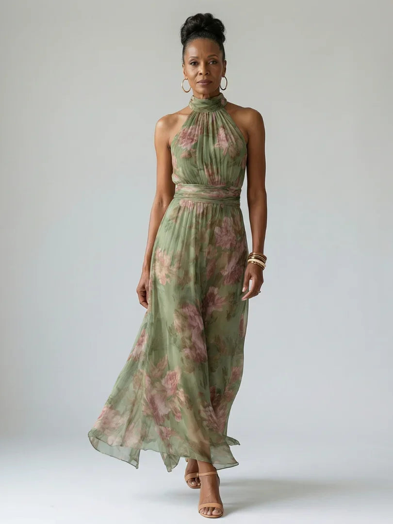 Women's Ruched Floral Halter Maxi Dress