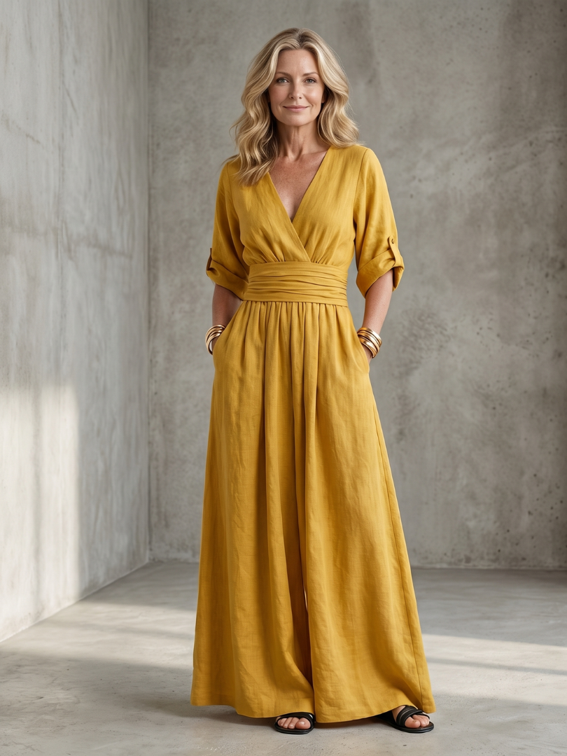 Women's Linen Wrap Jumpsuit with Wide-Leg Pants