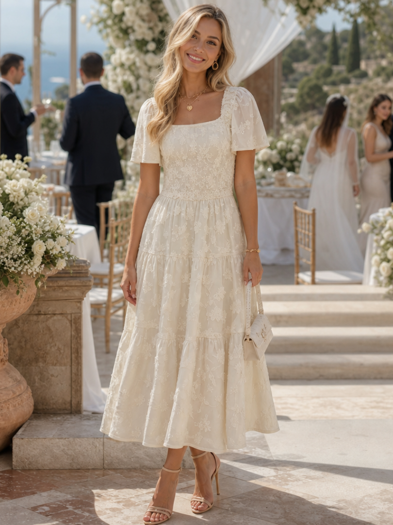 Women's Embroidered Square-Neck Tiered Midi Dress