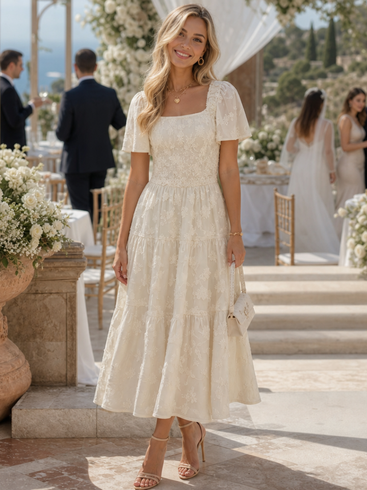 Women's Embroidered Square-Neck Tiered Midi Dress