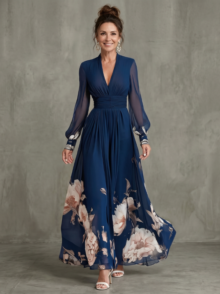 Women's Sheer Sleeve Floral Hem Maxi Dress