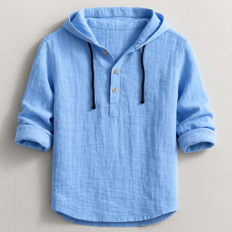 Men's Linen Hooded Henley Shirt with Drawstring