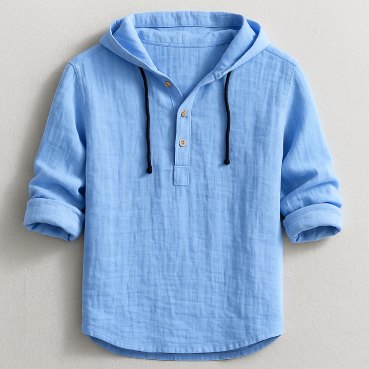 Men's Linen Hooded Henley Shirt with Drawstring