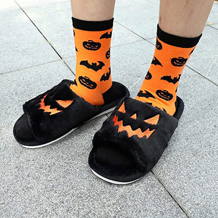 Women's Plush Pumpkin Face Halloween Slippers