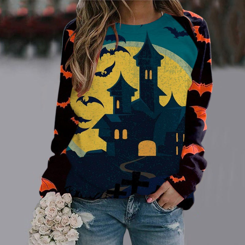 Women's Witch Print Halloween Sweatshirt with Bat Sleeves