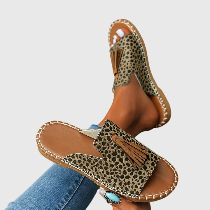 Women's Tasseled Animal Print Slide Sandals