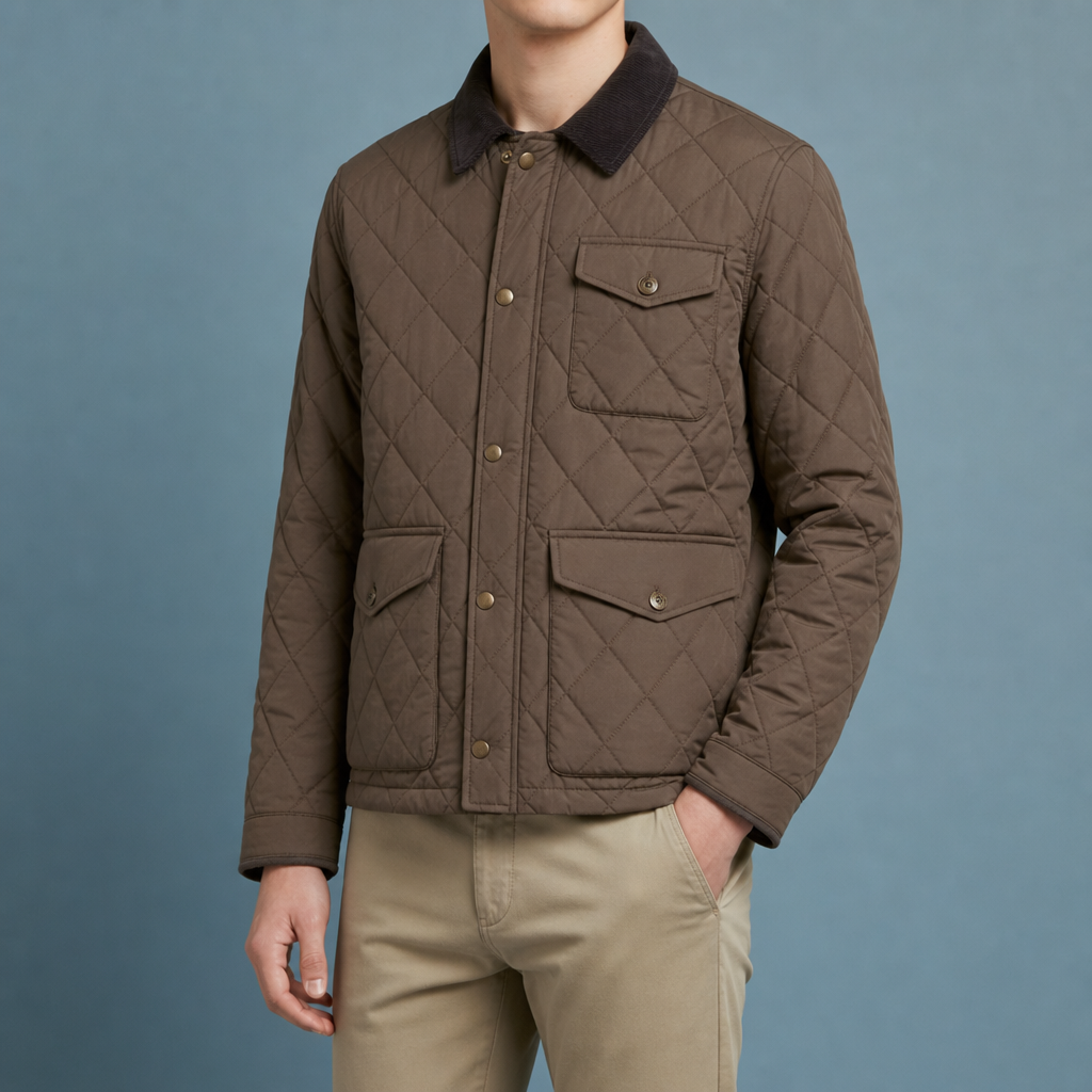 Men's Quilted Jacket with Corduroy Collar and Front Zip