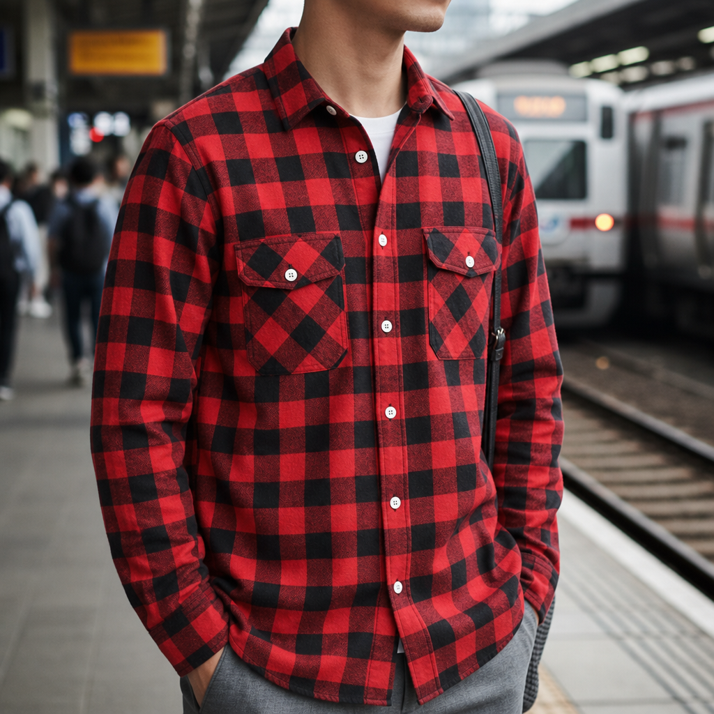 Men's Plaid Flannel Shirt with Dual Chest Pockets