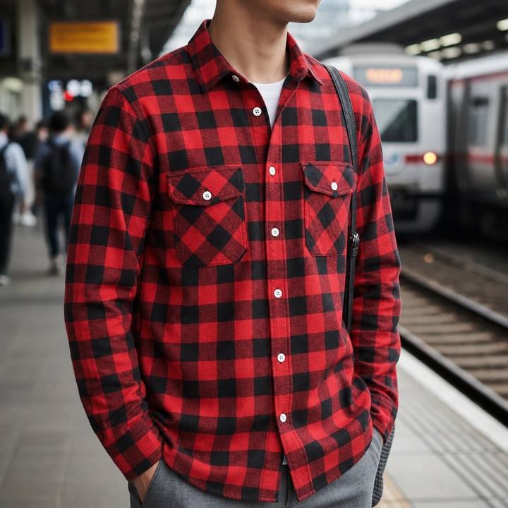 Men's Plaid Flannel Shirt with Dual Chest Pockets