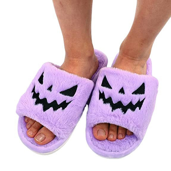 Women's Plush Pumpkin Face Halloween Slippers