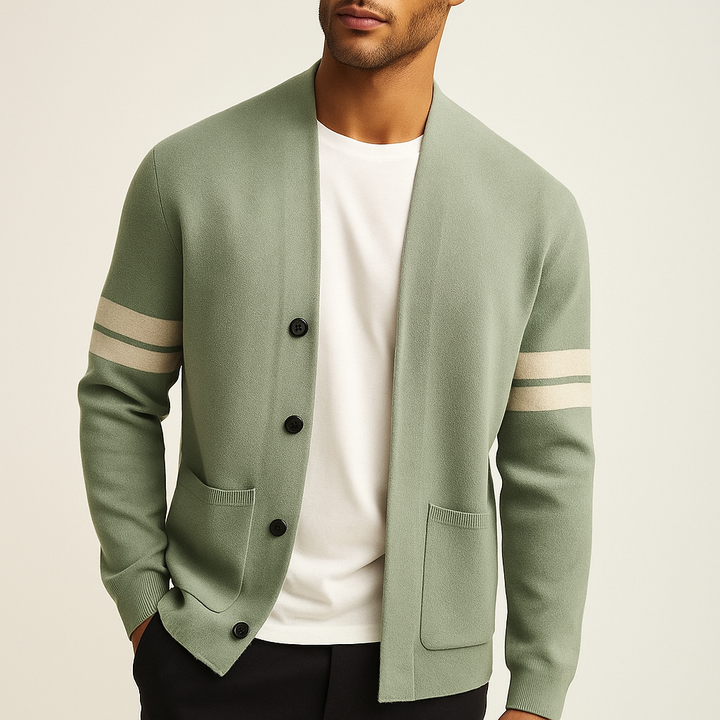 Men's Striped Sleeve Knit Cardigan with Button Front