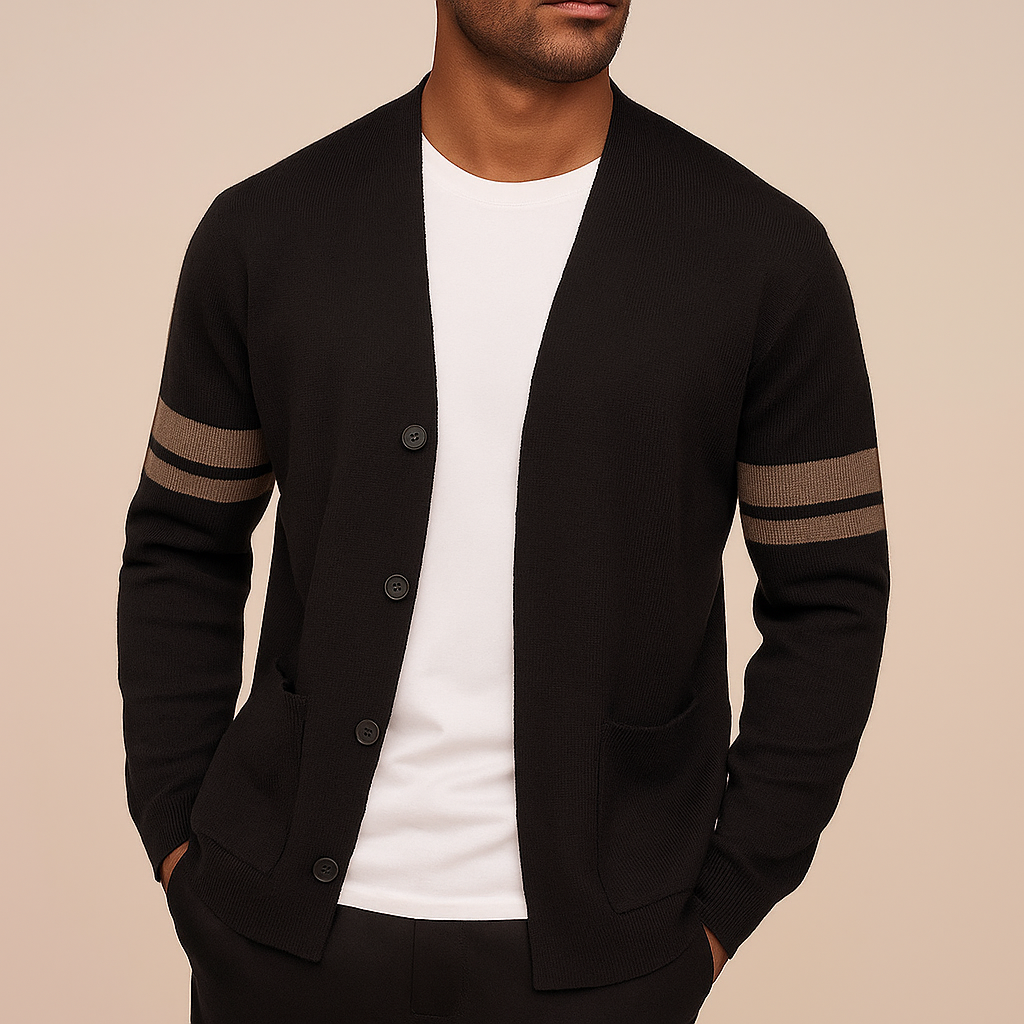 Men's Striped Sleeve Knit Cardigan with Button Front