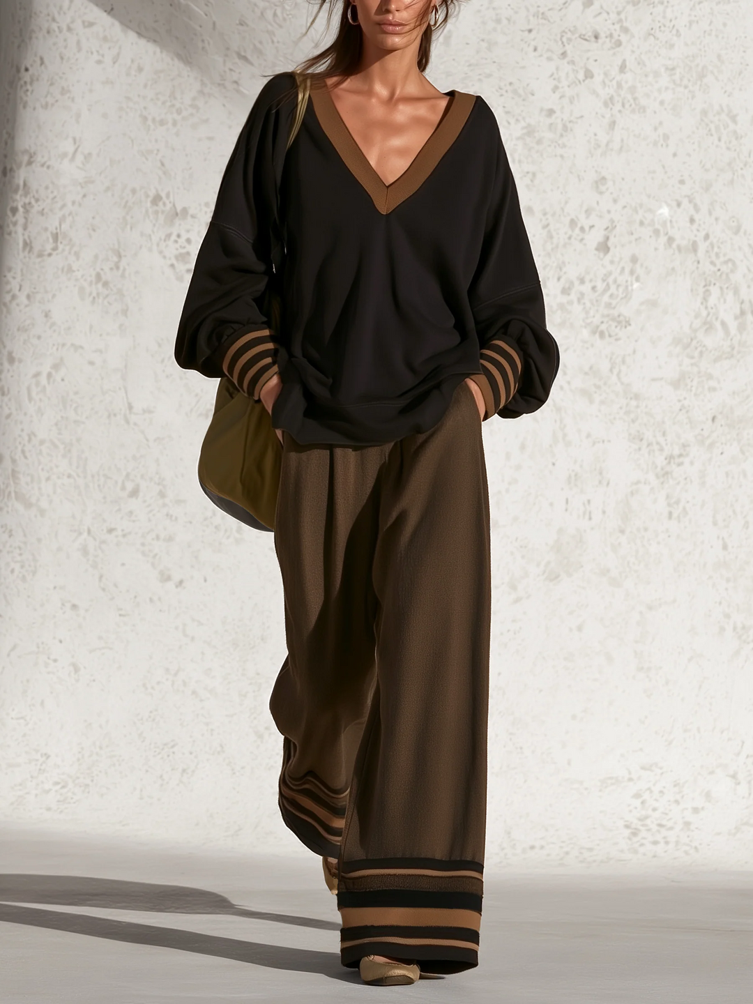 Women's V-Neck Two Piece Set with Wide Leg Pants