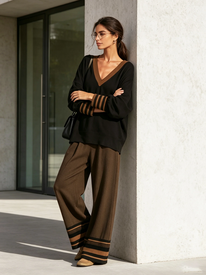 Women's V-Neck Two Piece Set with Wide Leg Pants
