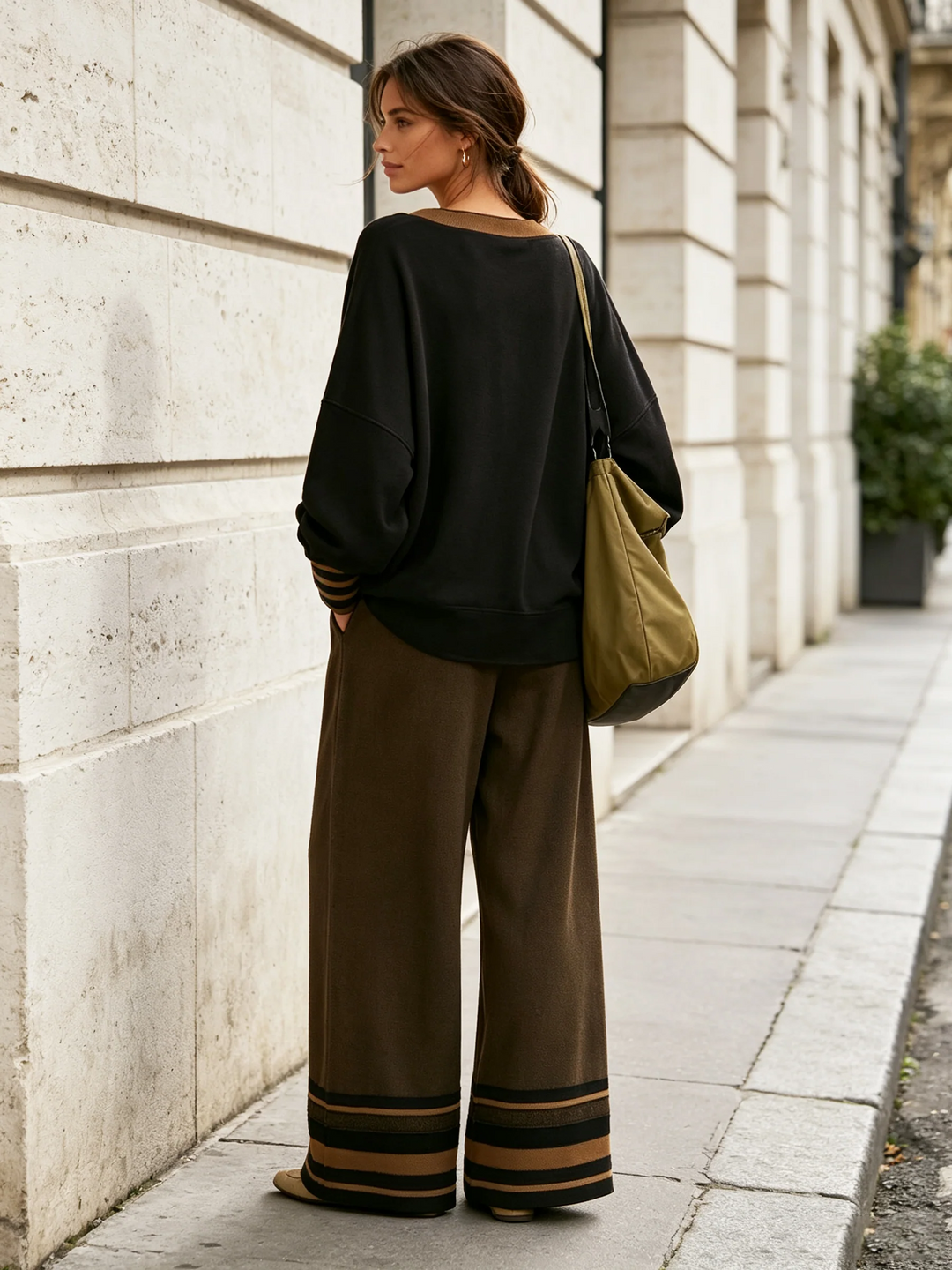 Women's V-Neck Two Piece Set with Wide Leg Pants