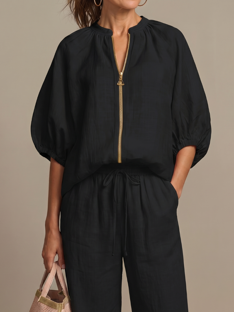 Women's Linen Zip-Neck Top and Wide-Leg Pants Set