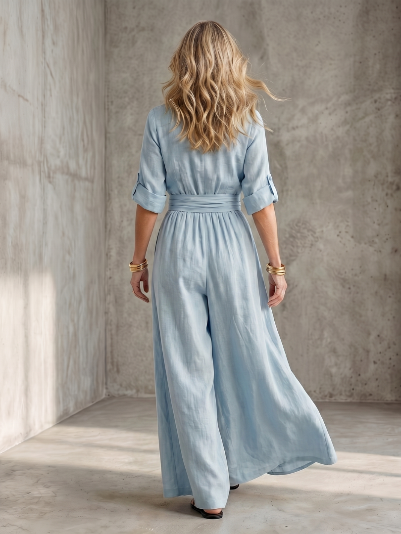 Women's Linen Wrap Jumpsuit with Wide-Leg Pants