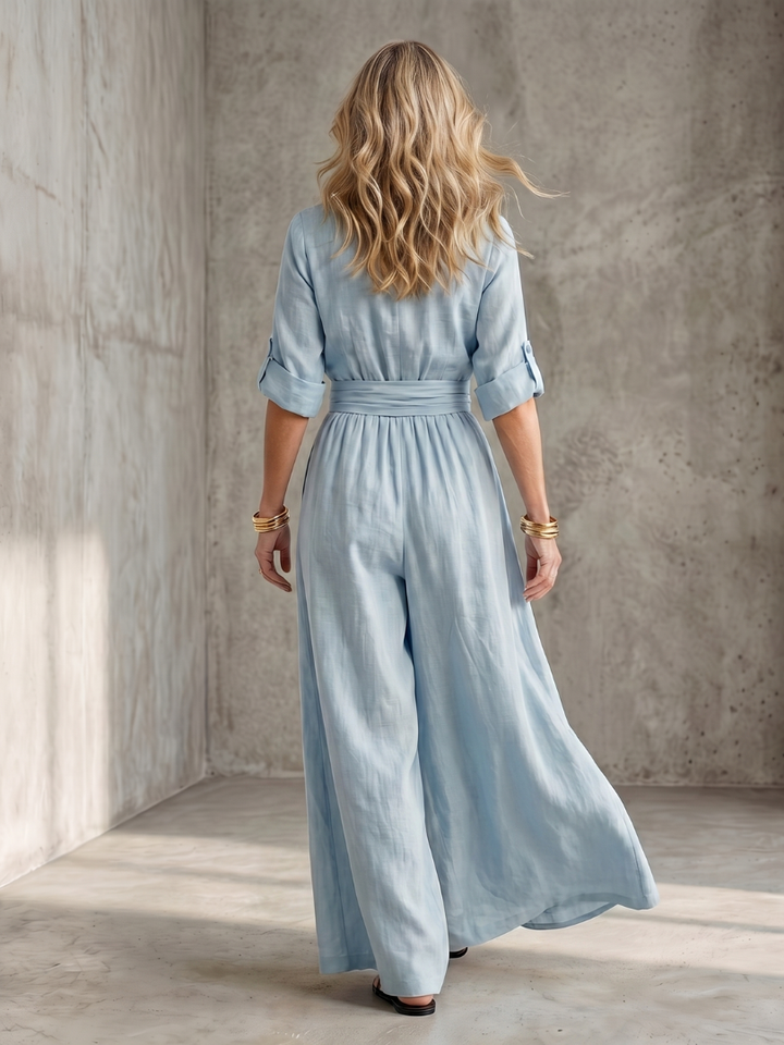Women's Linen Wrap Jumpsuit with Wide-Leg Pants