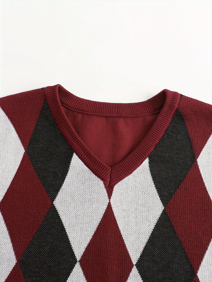 Men's Argyle Knit Sweater Vest with V-Neck