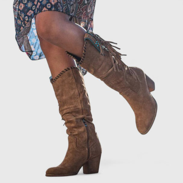 Women's Suede Fringe Knee High Boots with Arch Support